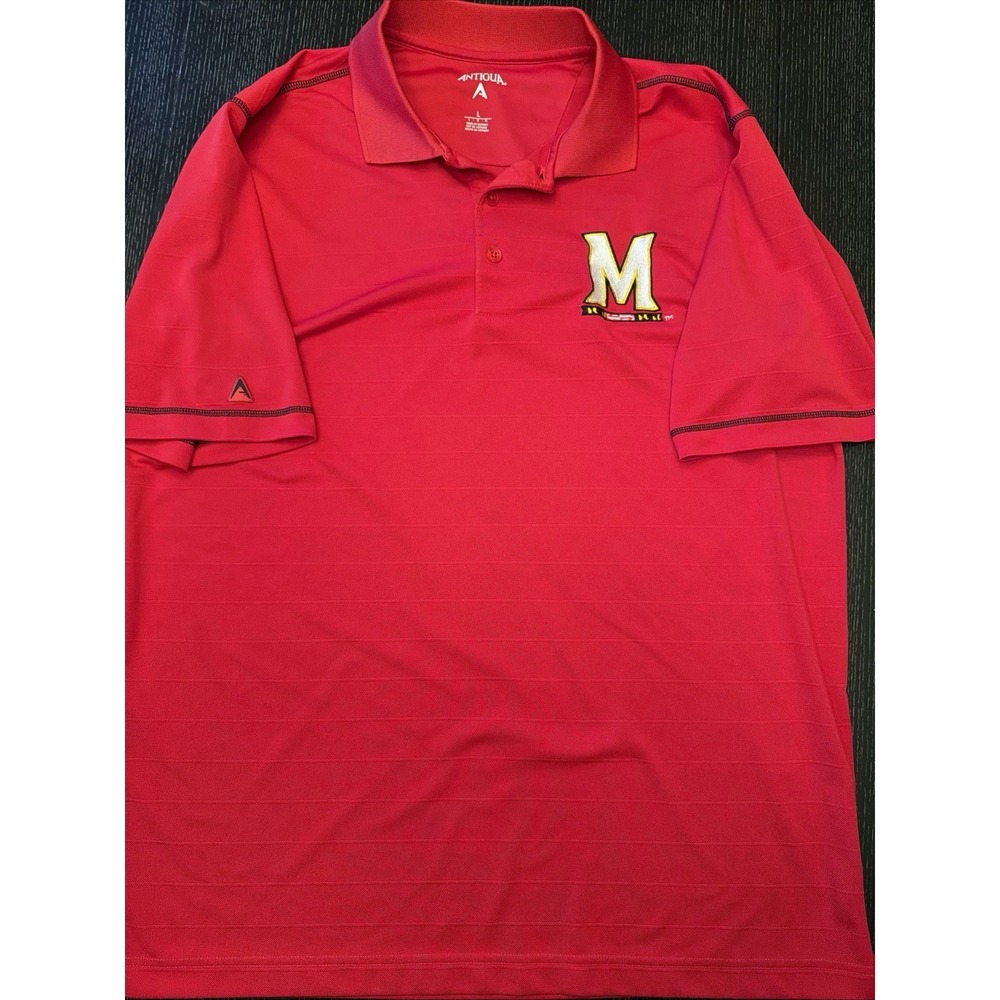 Antigua Maryland Terrapins Red Performance Polo Yellow M Flag Logo Mens L (D)